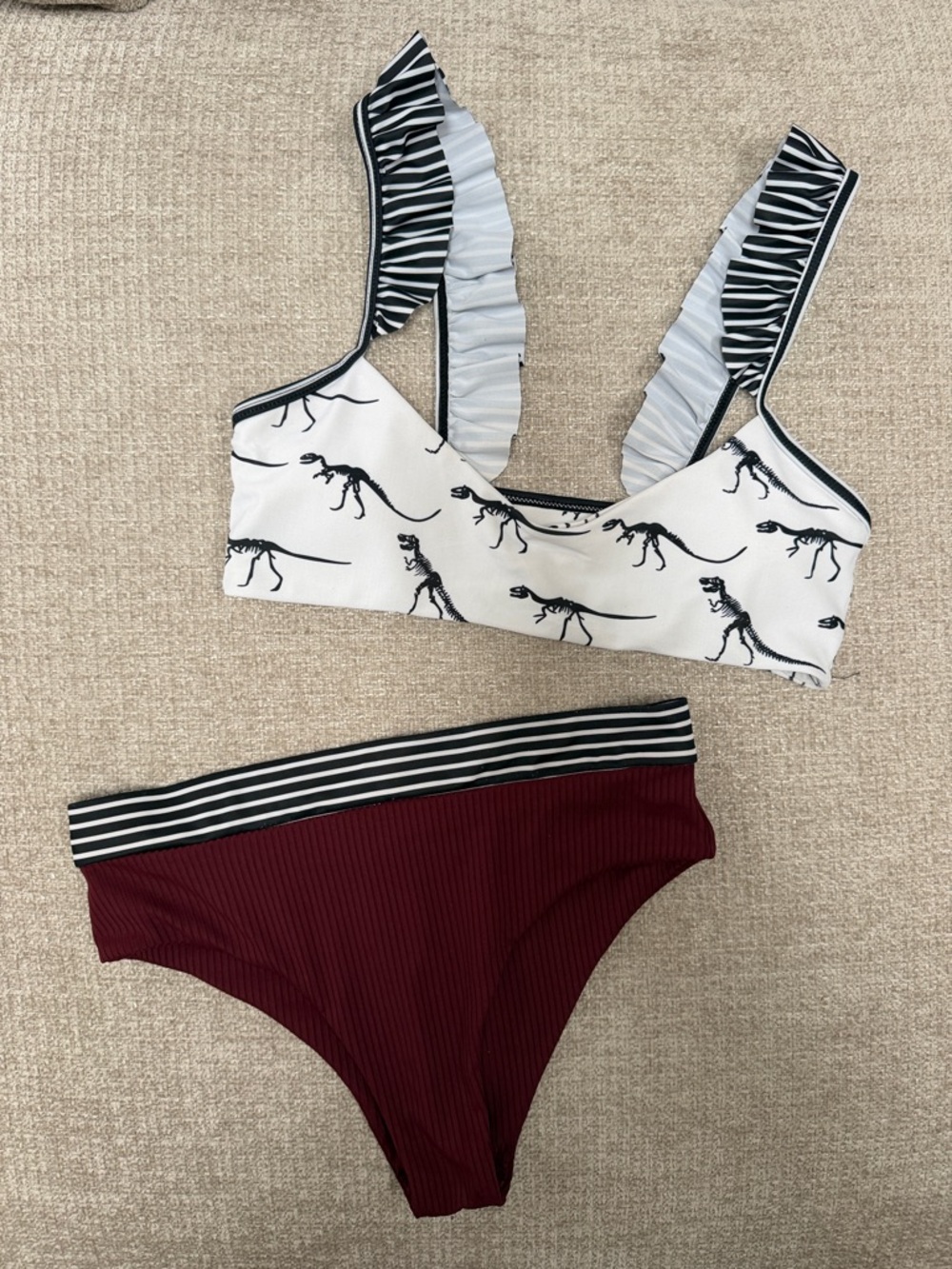 Dinosaur Print Ruffle Strap Bikini Top with Burgundy Ribbed High-Waist Bottom